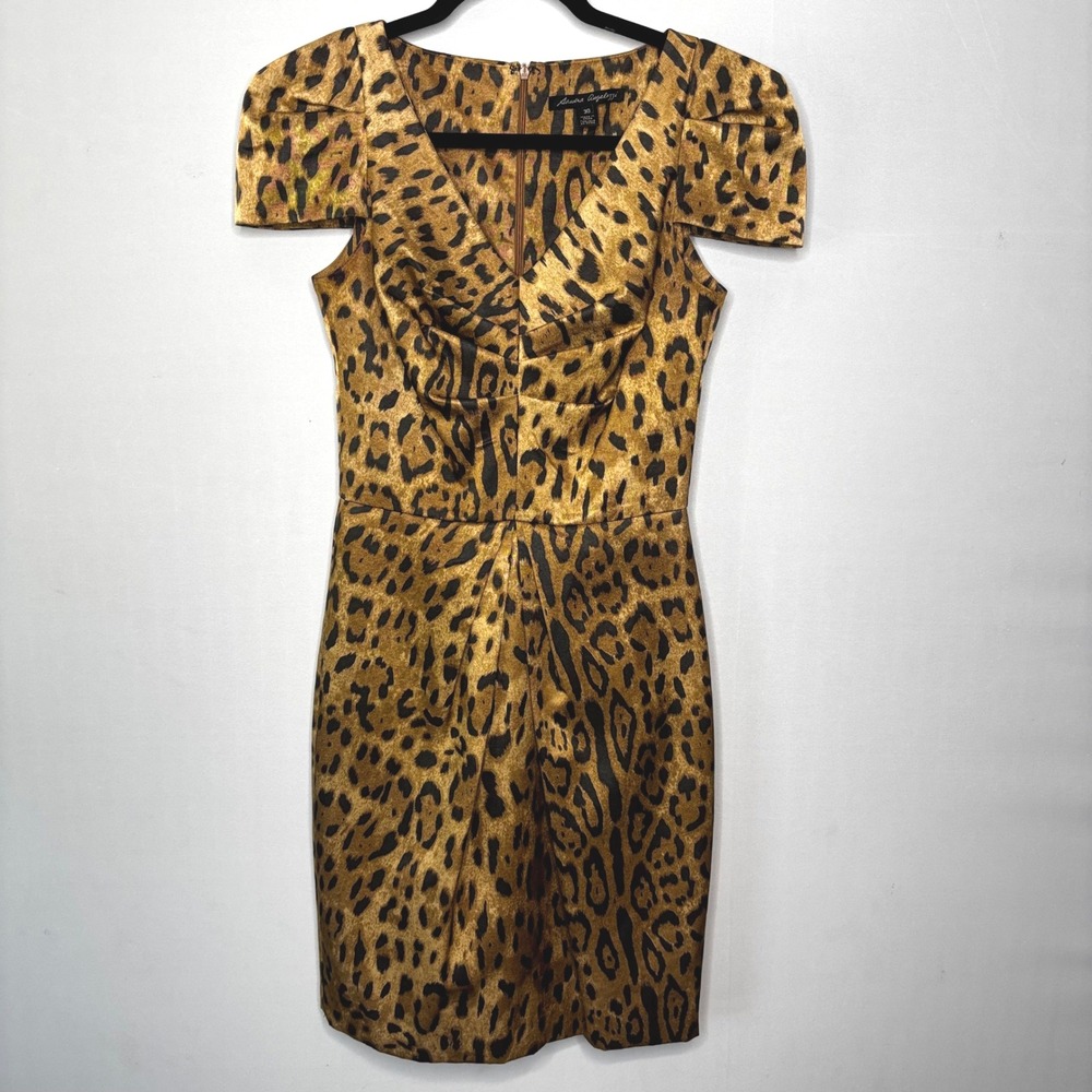 Sandra Angelozzi Leopard Pencil‎ Dress Size 30/XS V Neck Ruched Front Cap Sleeve